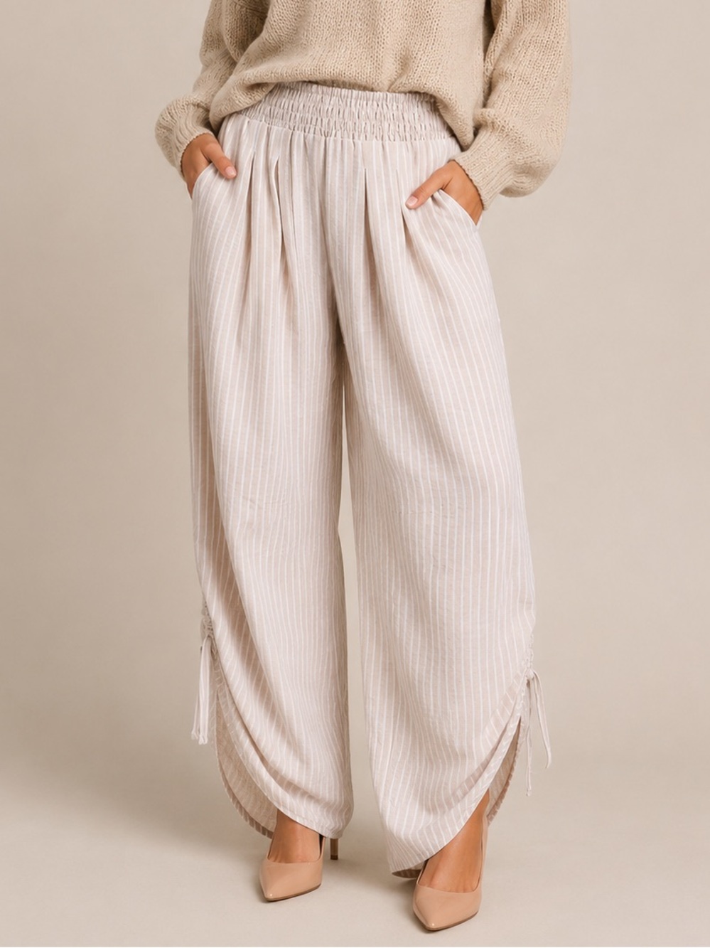 GiGio Latte Striped Barrel Pants with Adjustable Ruched Hem
